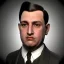 Placeholder: A half body portrait of a 1930s Italian-American businessman in his late 20s with a black bowler hat and a suit. He is obese and has black hair