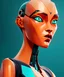 Placeholder: Real woman's head half ai robot meta sexy head face split teal orange robotic orange water organic geometric