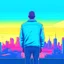 Placeholder: gta style illustration of a person from behind and a city in the background with normal colors