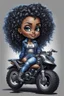 Placeholder: create an airbrush illustration of a chibi cartoon voluptuous black female wearing a blue jean outfit with biker boots. Prominent make up with hazel eyes. Extremely highly detail of black and blonde tight curly hair. She is sitting on a Black and silver ATV. Background of a bike show.