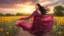 Placeholder: Hyper Realistic Photographic-view of a Beautiful-Young-Happy-Pashto-Woman-Smiling with beautiful-long-black-hair-&-pink-dress-with-maroon-shawl & breeze-whirling in a sunflower-field with a tree behind & cloudy-sunset showing dramatic & cinematic ambiance