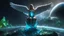 Placeholder: angel with a wings siting on the blue monolith made of blue tiberium crystals of lights, matrix universe, planets on the back grounds, green crystals of tiberium on the life and right