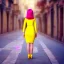 Placeholder: Beautiful lonely girl who walks along a street without people at dawn. You see her from behind. She short wears very short yellow dress, nice legs. She has short pink hair with glowing crystals. Full body, 8k resolution concept art. Professional Photo HD. Stylish. Warm vivid colors. Panoramic