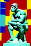 Placeholder: Artistic photo in the audacius style of Jill Greenberg, upclose striking image about "The Thinker statue", the statue as main focus in a white room with his body covered in movie scene shadows playing on the body about news and movie scenes. Exploding into the air are colourful matrix data and virtual numbers, on the floor are broken pieces of statue, questioning the role of deep thought in an increasingly digital and disconnected world