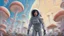 Placeholder: woman with black hair, in a tight spacesuit, without a helmet, walking through Alien mushrooms with jellyfish tentacles in an alien forest, photorealistic, Deep Colour, Intricate Detail, sunshine, blue sky
