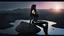 Placeholder: fantasy photo of a woman in an android looking catsuit, with black hair, sitting on a ledge over a pond, wearing an android-looking catsuit, sideways, with a planet behind her