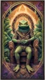 Placeholder: mandala style framed playing card illustration, close up portrait of an ace happy blessed ancient magical scaly slimy weird Bullywug mad max soldier posing for photo shoot on a throne, holding a burning sceptre, in a space alien mega structure with stairs and bridges woven into a sacred geometry knitted tapestry in the middle of lush magic jungle, bokeh like f/0.8, tilt-shift lens 8k, high detail, smooth render, down-light, unreal engine, prize winning