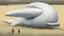 Placeholder: small, sleek, squat, cargo spaceship shaped like a whale, sitting in a field