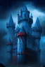 Placeholder: A castle with three round towers in the Gothic style, of blue & red stone ,the weather is rainy