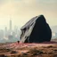 Placeholder: Photograph of outskirts of a city, ominous and odd black ireegular stone rises from the earth, details of the stone very accentuated, brutalist style, aftermath, liquid, powder, pastel colors, people, minimaximalist, detailed, 8k, museum, deep 3d field, hasselblad h6d400c --ar 85:128 --v 6.0