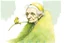 Placeholder: Artist Jean-Baptiste Monge style. A biomorph banana-headed old woman. White eyes. A yellow dotted green furry feathered fluffy dress.