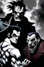 Placeholder: Frankenstein monster and the wolfman fighting each other as Dracula stands by and watches