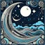 Placeholder: design with thick border moons in corner blue tones moon stars waves in night sky style of art deco