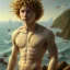 Placeholder: intricate, sharp focus, highly detailed, digital painting, Paul Lewin and Kehinde Wiley, full body image of a beautiful 12 year old boy with long, blonde curly hair and light blue eyes, smiling, shirtless, in front of an distant beach