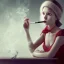 Placeholder: A red eyed midget girl with mustasch is smokeing cigarette on a barstool.8k picture