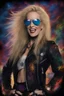 Placeholder: head and shoulders image, Lita Ford - Kiss Me Deadly - Reptilian-skinned - Ray-Ban sunglasses - Motley Crue - gothic pale-skinned vampire, fire and multicolored electrified cosmic clouds, Professional quality Photograph by Hoy Tung lu- Multicolored lightning -a smiling, long, blonde hair, blue eyes, goth makeup, black leather biker's jacket, black leather pants, combat boots, black fingerless gloves, sitting on in the forest next to a fire,