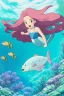 Placeholder: Underwater scene, a cute mermaid with pink hair and shimmering tail, rock, calm water, fish, beautiful colors, fine detail, high quality, seashell, octopus, mystical