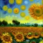 Placeholder: Dibujo al aceite de Campo de Girasoles con muchas nubes de colores estilo Vincent van Gogh