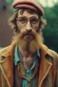 Placeholder: Hippie bohemian young ugly man with Parisian bohemian look and glasses of colours and poor and short short short and poor hair on the head with receding hairline. Farsightedness glasses with big eyes. Long beard. Vintage look and feel like photo styleof the 70s