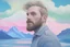 Placeholder: Maria Lassnig oil painting high quality double-exposure photo handsome young beard ACTOR, wears Joe Casely-Hayford hipster fashion, artistically blended with a Icelandic Dawn Aurora Borealis mountain beach landscape, austrian symbolism, double exposure, (illusion:1.2), mixture, (blue background:1.2), foreground clouds, (digital art:1.3), make up, impasto art style