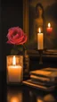 Placeholder: Claude monet painting style candles in the dark with rose and a painted picture of a beautiful girl hanging on the wall in the background