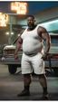 Placeholder: strong burly chubby nigerian mechanic 44 years old, curly hair, wet, short white beard, manly chest, hairy, shirtless in bulging dirty white boxer and tank top, big shoulders, tattoo, big calves, barefeet, angry, photorealistic, side light, inside a dark parking lot at night, side neon light, photoRealistic, view from the ground