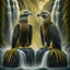 Placeholder: portrait of psychedelic eagle couple on surfboard in waterfall, in the style of escher , 8k, down-light, soft light, depth of field, photo realism, trending on art station, high detail, smoke and fog