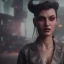 Placeholder: a moody medium-close-up shot of an attractive devil woman on a cyberpunk city sidewalk, high-resolution