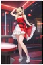 Placeholder: Beautiful girl dancer, blonde hair , bold lipstick, night club stage, braided bangs, braided bobcut, solo, apron,thick thighs, side-tie panties, black hair, 18yo,(on back:1.2) ,red dress, portrait