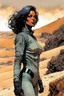 Placeholder: create a fine art print illustration of a rugged Fremen female in a stillsuit of muted blacks, greys, and browns with highly detailed feminine facial features, traversing a a rocky outcrop amidst the desert sands of Arrakis, dusty, gritty, in the comic book art style of Bill Sienkiewicz, and Jean Giraud Moebius, finely textured, drawn, colored, and inked, Dune movie