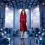 Placeholder: make a picture pretty stage made of metallic blue-gray teme 3d recursive cubic and sphere and cylinder base structures and a beautiful fashion model lady standing in scene with dark red top and pretty pleated midi skirt ,makeup curvy long hair,nice high heels,dynamic camera zoom to full body ,dynamic lights.