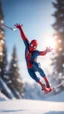 Placeholder: spider man jumping doing winter freestyle ski jump half pipe trick on glass snowboard, bokeh like f/0.8, tilt-shift lens 8k, high detail, smooth render, down-light, unreal engine, prize winning