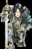 Placeholder: A handsome 30 year old knight, black hair, dark blue eyes, male bob haircut, in black-and-gold plate armor, golden katana in hands, no beard, european, portrait