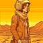 Placeholder: Moebius style scifi pilot girl with headphones, pilot helmet and exosuit solid earthy colors with a desert and dusty station in the background