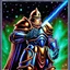 Placeholder: fantasy galactic knight holding glowing staff 90's tcg art 90's tcg art