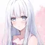 Placeholder: a close-up headshot of a shy young woman with long white hair, silver eyes with long lashes, slim delicate build, sickly complexion, soft, cell shaded anime style, intricately detailed, splotchy watercolor background