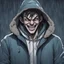 Placeholder: a closeup of a psychopathic young man with white eyes in a heavy coat and hood during a rainstorm laughing cartoon