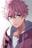 Placeholder: An anime man with messy short pink hair and narrow blue eyes wearing a hooded jacket Realistic.