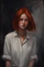 Placeholder: A red-haired girl with freckles. Oil portrait style. Waist-high. She got tired of long hair and had a bob cut. She is wearing a white shirt. Dark palette. The girl radiates light.