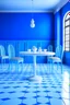 Placeholder: 3D-shot A large, oval-shaped table in a restaurant, the color of the table is blue and white, the color of the walls is blue, and the floor color is white