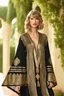 Placeholder: Taylor swift wearing islamic culture black Moroccan caftan 4k golden patterns high qualité