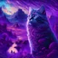 Placeholder: a majestic cat, psychedelic, violet tones, fantasy landscape