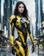 Placeholder: length image fullbody photo realistic high details beautiful woman long hair with body mechanical bLack and yellow inspired design by bumble bee transformer robot sense of luxury technology future, on run futuristic city background