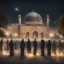 Placeholder: Hyper realistic celebration outside Al-Aqsa Mosque with garland light at night