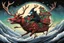 Placeholder: Surreal Plague Doctor Santa driving sleigh with back laded with sinister looking presents, sleigh flying through sky led by undead reindeer, Style by Gerald Scarfe, by David Wiiesner, by Jeff Soto, surreal masterpiece, color ink illustration, sharp focus, dark colors, smooth, expansive, maximalist, psychedelic