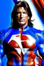 Placeholder: Paul Stanley/Elvis Presley/Pierce Brosnan/Jon Bernthal/Sean Bean/Dolph Lundgren/Keanu Reeves/Patrick Swayze/ hybrid, as the extremely muscular Superhero "SUPERSONIC" in an original patriotic red, white and blue, "Supersonic" Super suit with with an America Flag Cape,