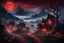 Placeholder: On a chilly evening of Halloween, as dusk falls, a medieval village is engulfed in a thin veil of mist. The dense clouds create a dramatic and awe-inspiring panorama under the deep red moonlight. An ancient towering pine tree becomes even more formidable in the glow of the crimson moon. A meandering path guides us towards this tranquil village, with undulating mountains on either side. The image should depict storm clouds, lightning, deep red moonlight, a majestic aged pine tree, a winding path,