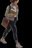 Placeholder: color photo of a student girl 22 years old ,short hair with her books in her hand walking in street,next to trees.