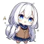 Placeholder: Clear focus, High resolution, long white hair, hair between eyes, straight long locks, sparkling blue eyes, wearing a sailor uniform, wearing a sailor skirt, wearing a brown vest, cute, 1girl, fluffy hair, cute, chibi, cartoon, rough line art, white background