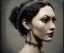 Placeholder: 1800s, witchy, pale, strong jawline, victorian, portrait, choker, black curly hair, thick eyebrows, victorian dress, beautiful, silver tiara, hair headdress, metal beads